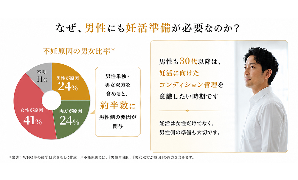 なぜ、男性にも妊活準備が必要なのか？ 男性単独・男女双方を含めると、約半数に男性側の要因が関与 男性も30代以降は、妊活に向けたコンディション管理を意識したい時期です。妊活は女性だけでなく、男性側の準備も大切です。
